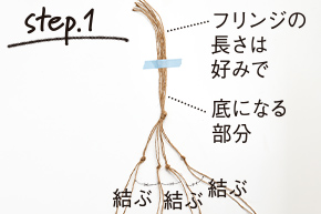 Step.1 8本の紐を用意し、端をまとめてしっかり結ぶ。その結び目から少し下のところで、2本ずつ結ぶ。